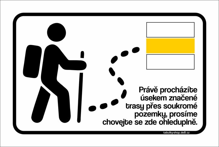 Tabulka / cedulka - Turisté, procházíte přes soukromé pozemky - žlutá značka