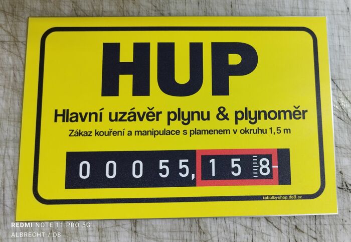 Tabulka / cedulka "Hlavní uzávěr plynu / plynoměr"