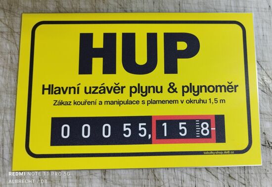 Tabulka / cedulka  - Hlavní uzávěr plynu / plynoměr