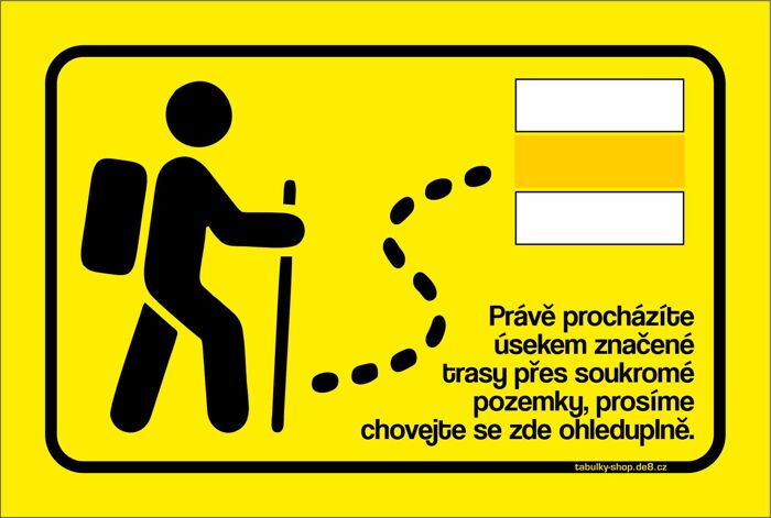 Tabulka / cedulka - Turisté, procházíte přes soukromé pozemky - žlutá, žlutá značka